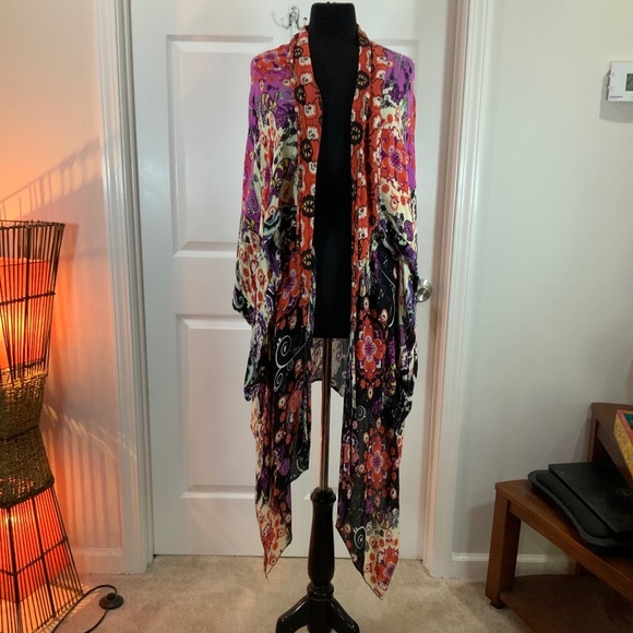 Free People Kimono Boho Festival Asymmetrical Floral Long Duster Hippie One Size - Picture 3 of 12